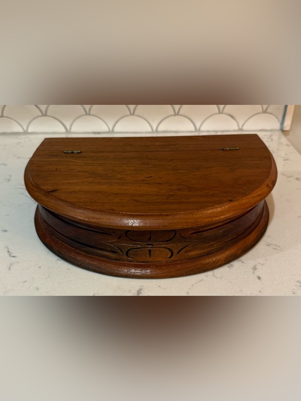 Vintage Half Round Hand Carved Wooden Dresser Box